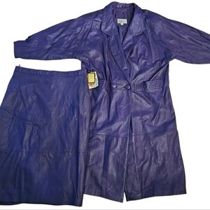 Vintage Purple Genuine Leather Skirt Suit Plus Size 20W Long Coat 2 Piece